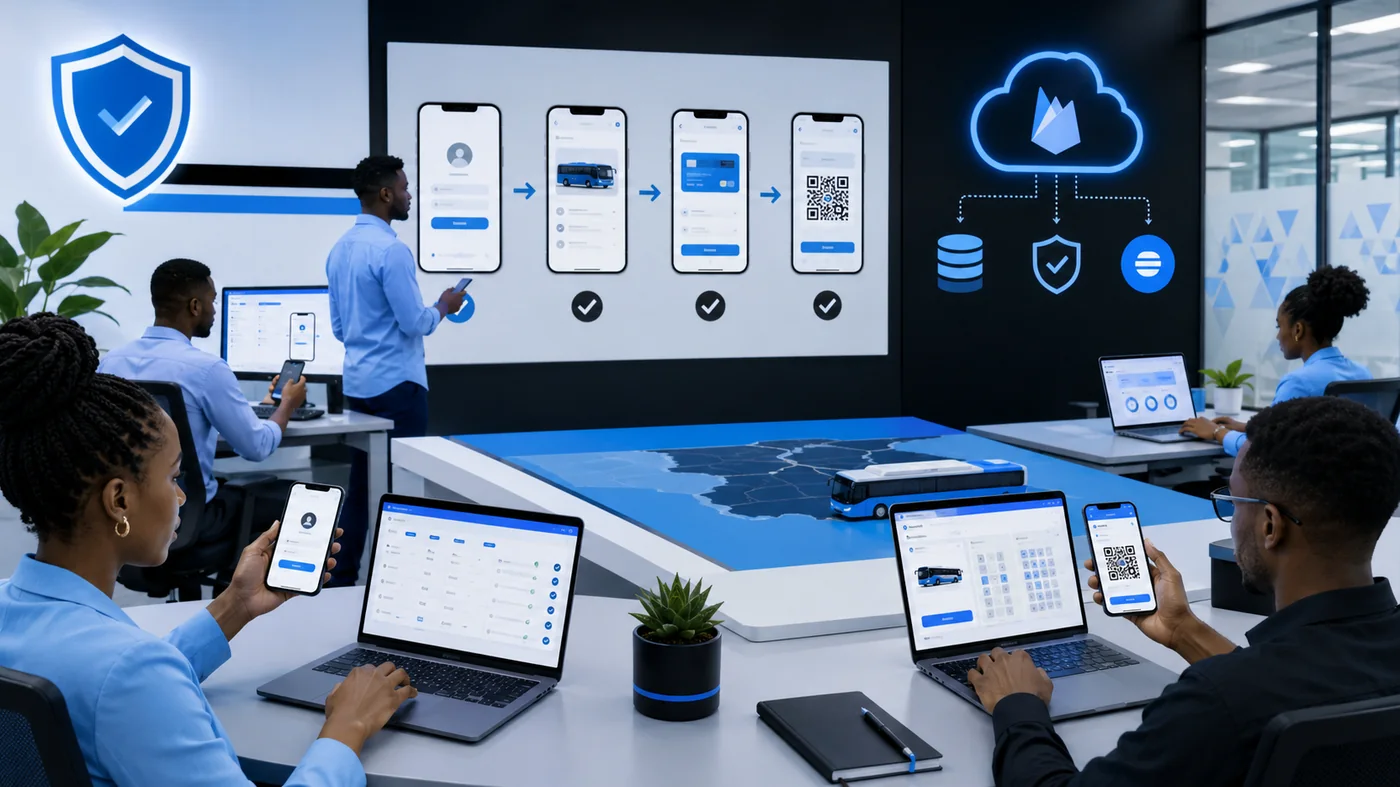 Mpega testing room showing app screens and cloud security